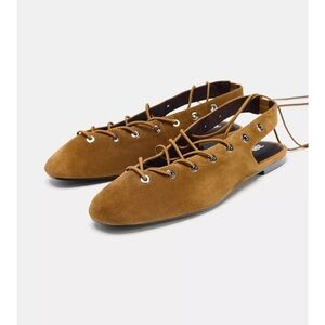 Suede Slingback lace up Flats in Tan